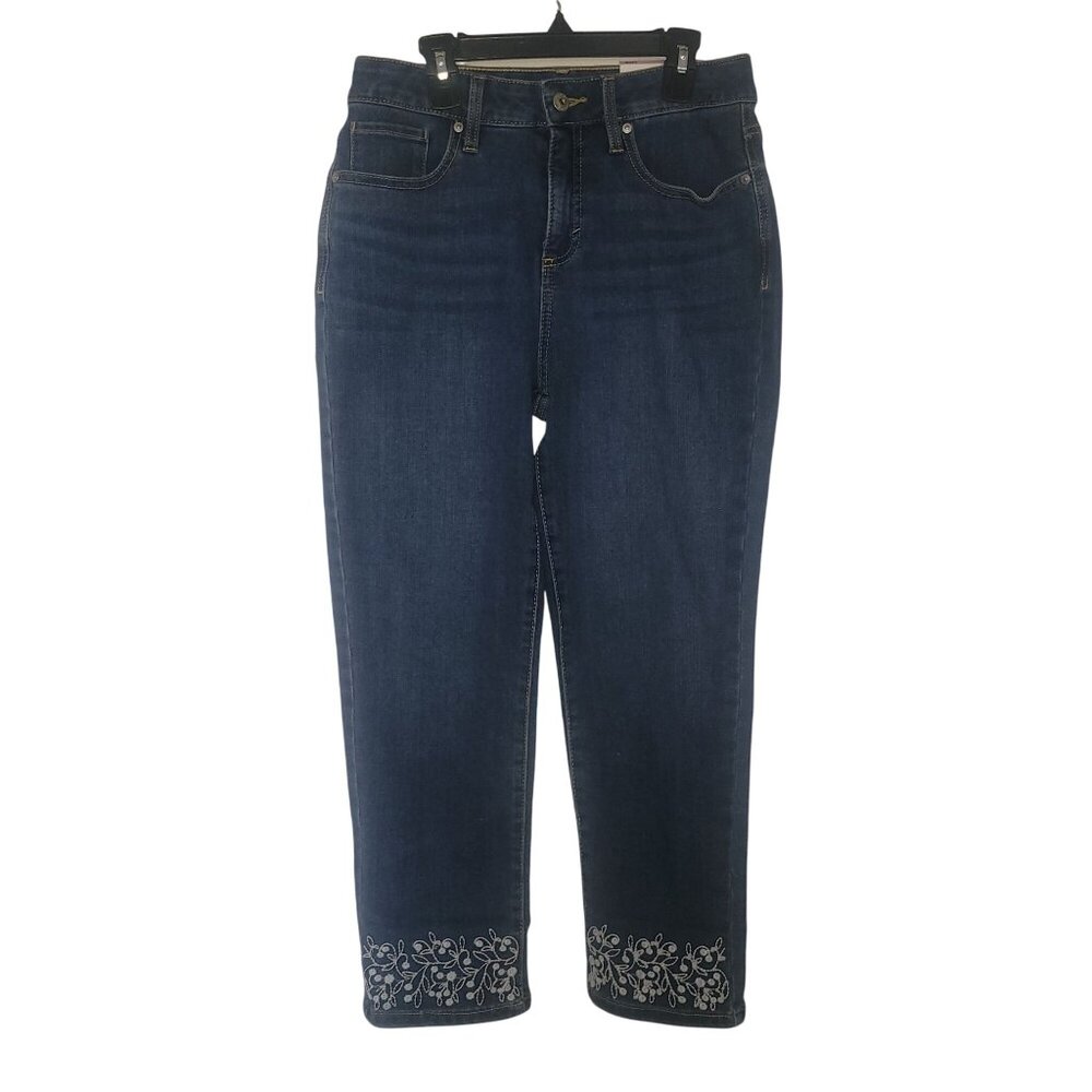 Womens Denim & Co. 6P Capri Jeans With Embroidered Cuffs High Rise Slimming Pock